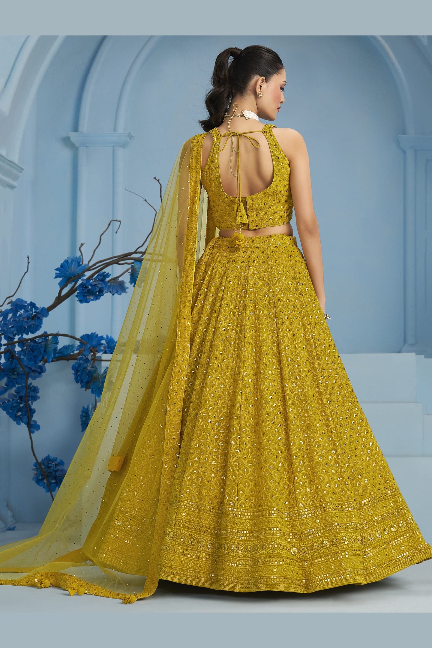 Mustard Yellow Georgette Lehenga Choli For Indian & Pakistani Wedding Festival - Sequins & Thread Embroidery Work