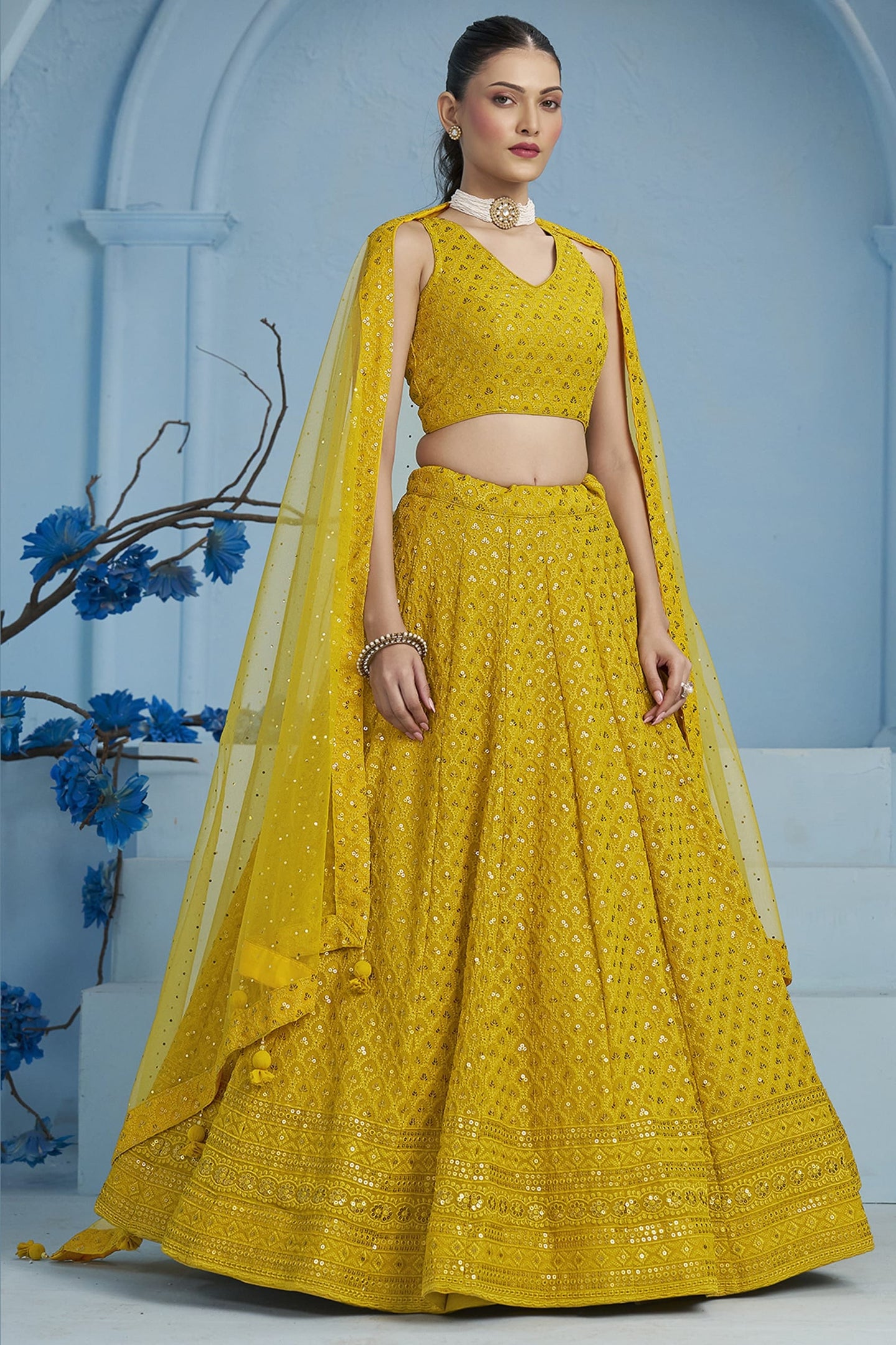 Mustard Yellow Georgette Lehenga Choli For Indian & Pakistani Wedding Festival - Sequins & Thread Embroidery Work