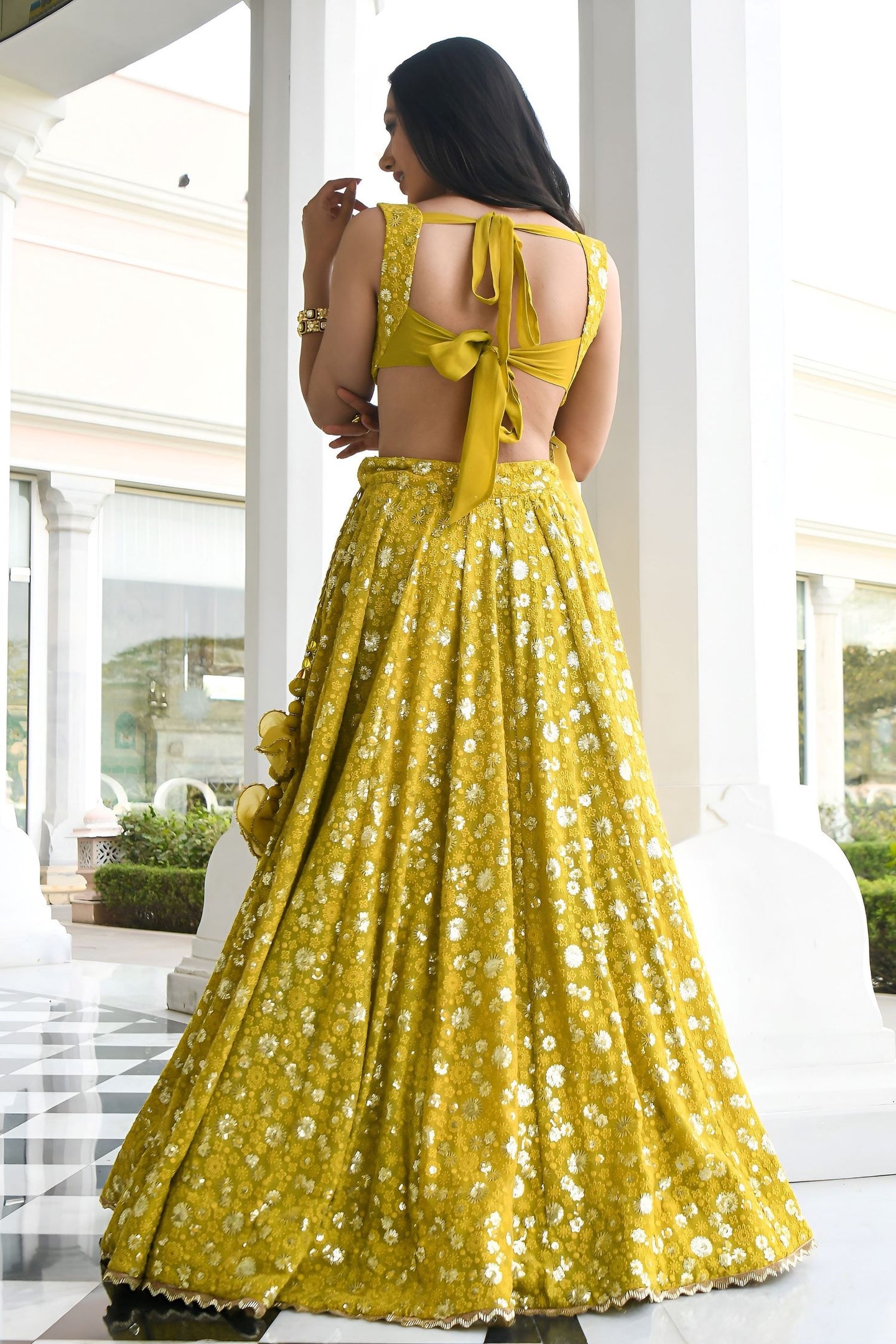 Olive Georgette Lehenga Choli for Mehendi with Sequins and Thread Embroidery