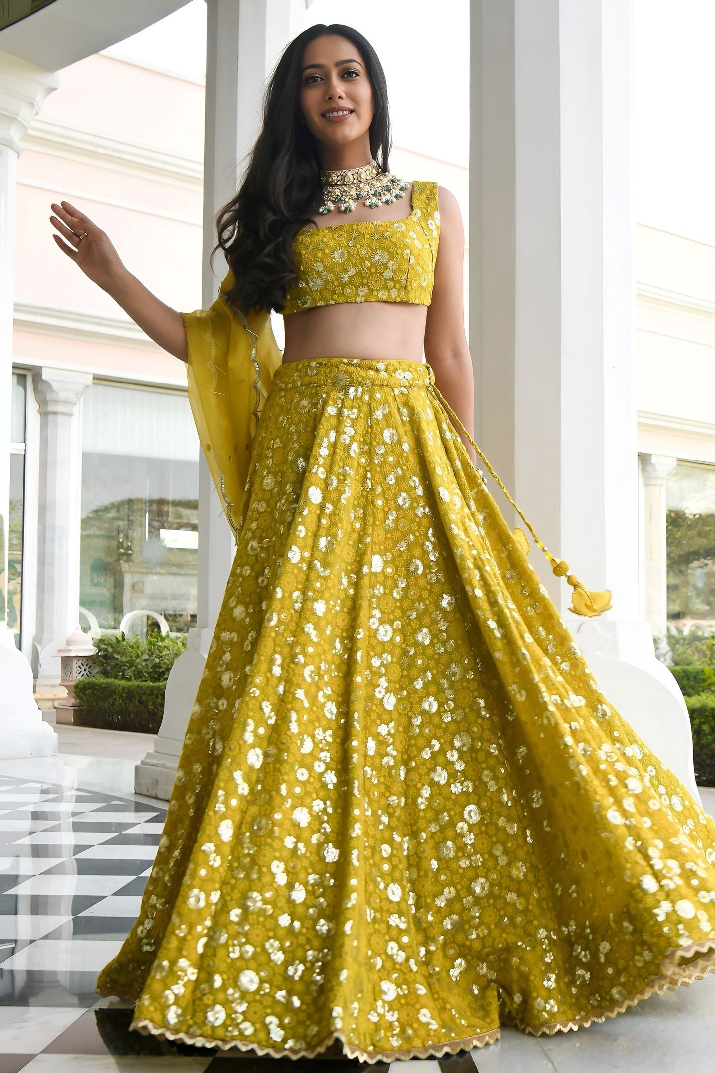 Olive Georgette Lehenga Choli for Mehendi with Sequins and Thread Embroidery
