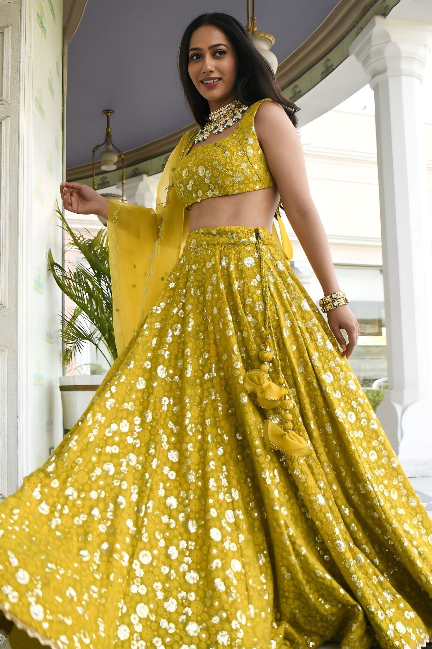 Olive Georgette Lehenga Choli for Mehendi with Sequins and Thread Embroidery