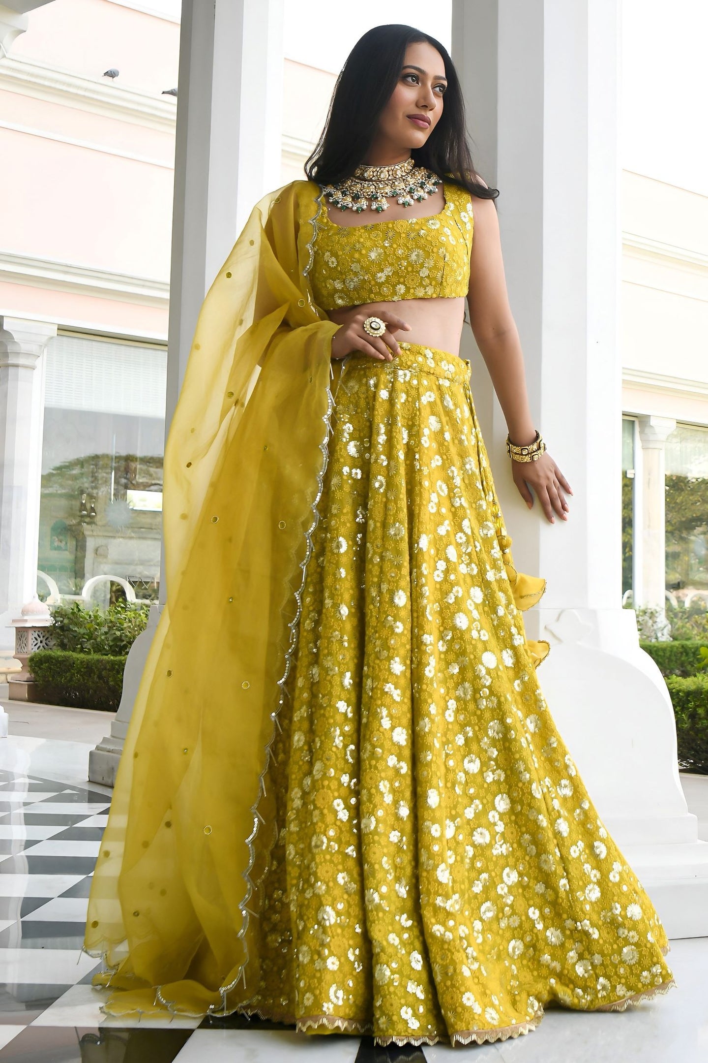 Mustard Yellow Georgette Lehenga Choli for Haldi - Sequins & Thread Work