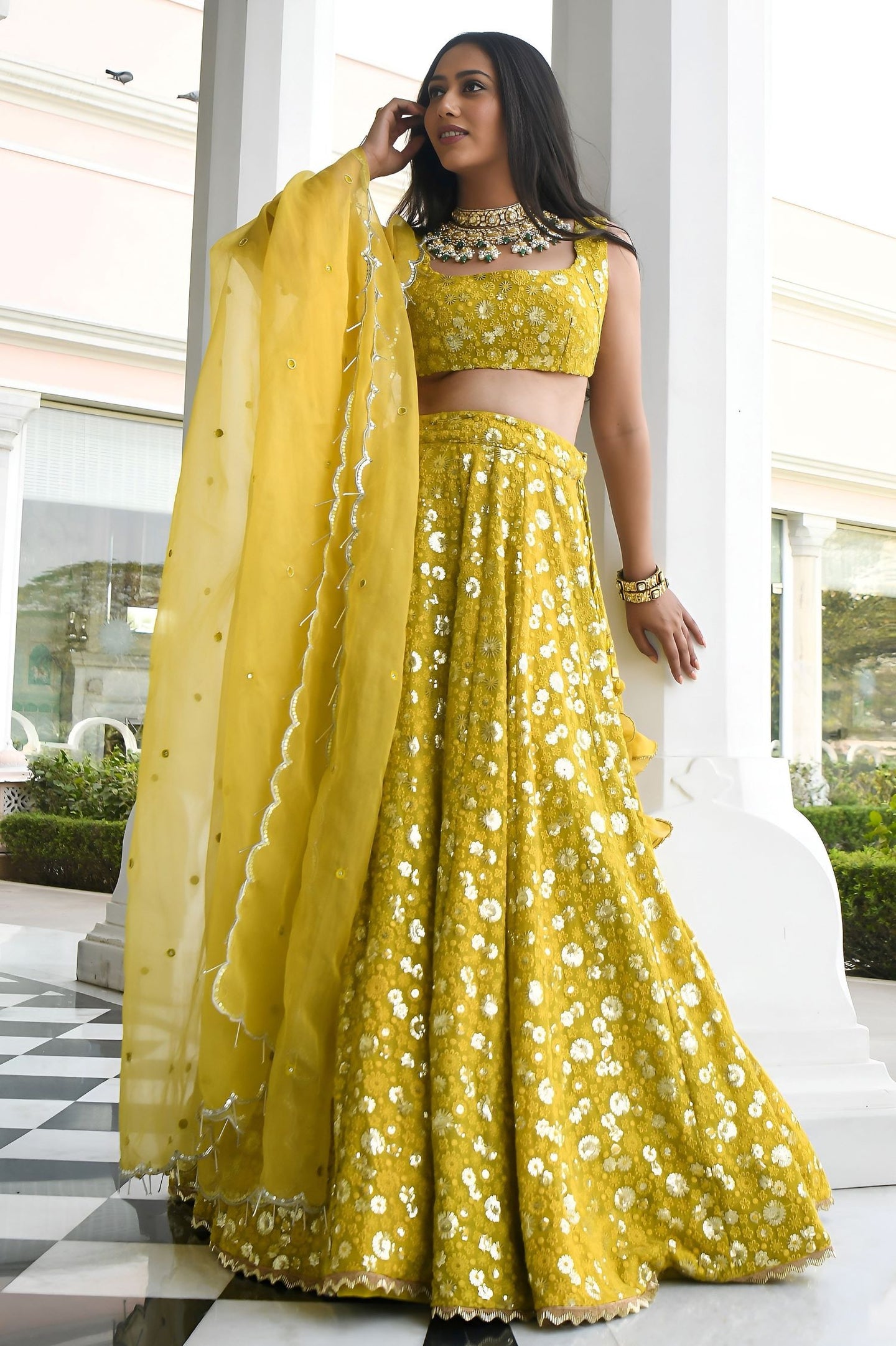 Olive Georgette Lehenga Choli for Mehendi with Sequins and Thread Embroidery