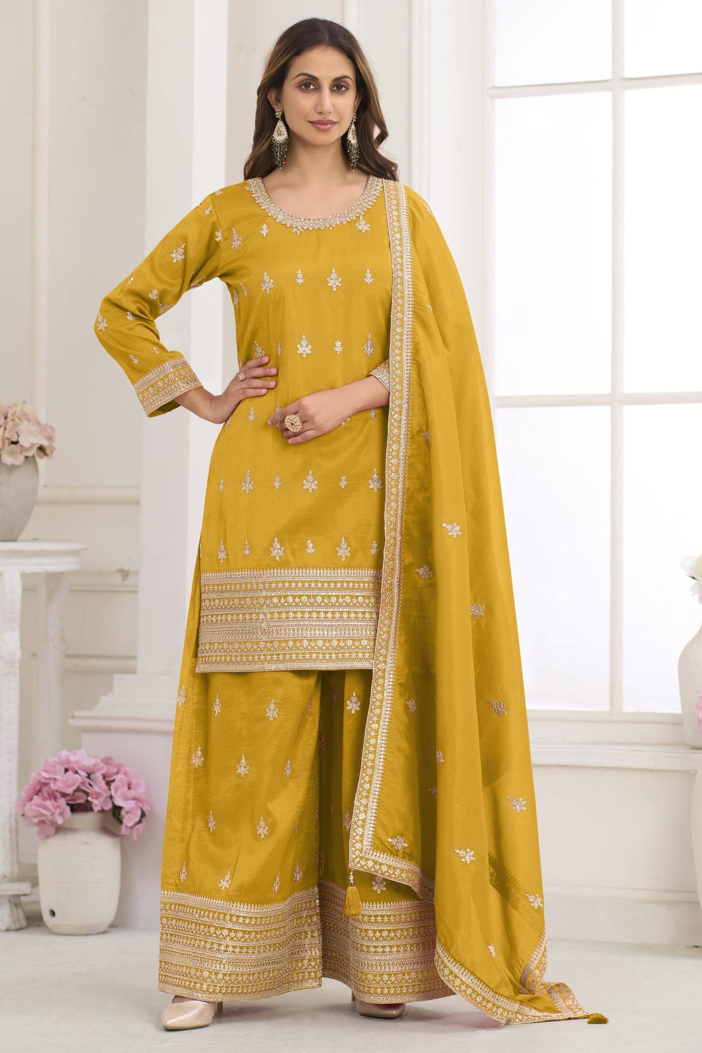 Mustard Yellow Haldi Outfit Palazzo Suit in Simmer Silk & Embroidery Work