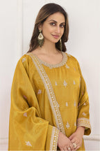Mustard Yellow Haldi Outfit Palazzo Suit in Simmer Silk & Embroidery Work