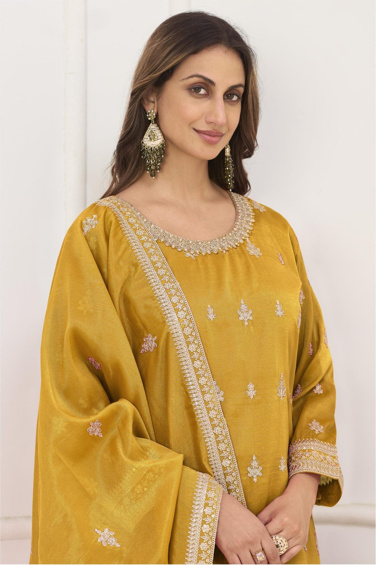 Mustard Yellow Haldi Outfit Palazzo Suit in Simmer Silk & Embroidery Work