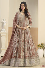 Brown Georgette Anarkali Dress for Wedding with Thread & Sequins Embroidery