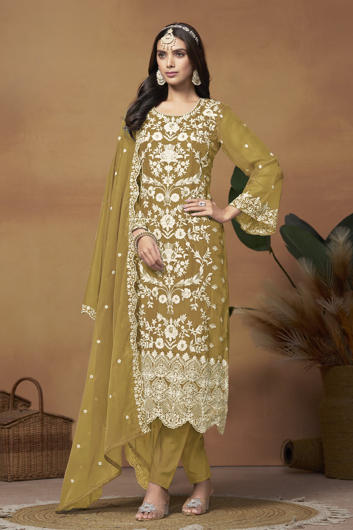 Mustard Organza Embroidered Pant Style Suit with Thread and Sequins