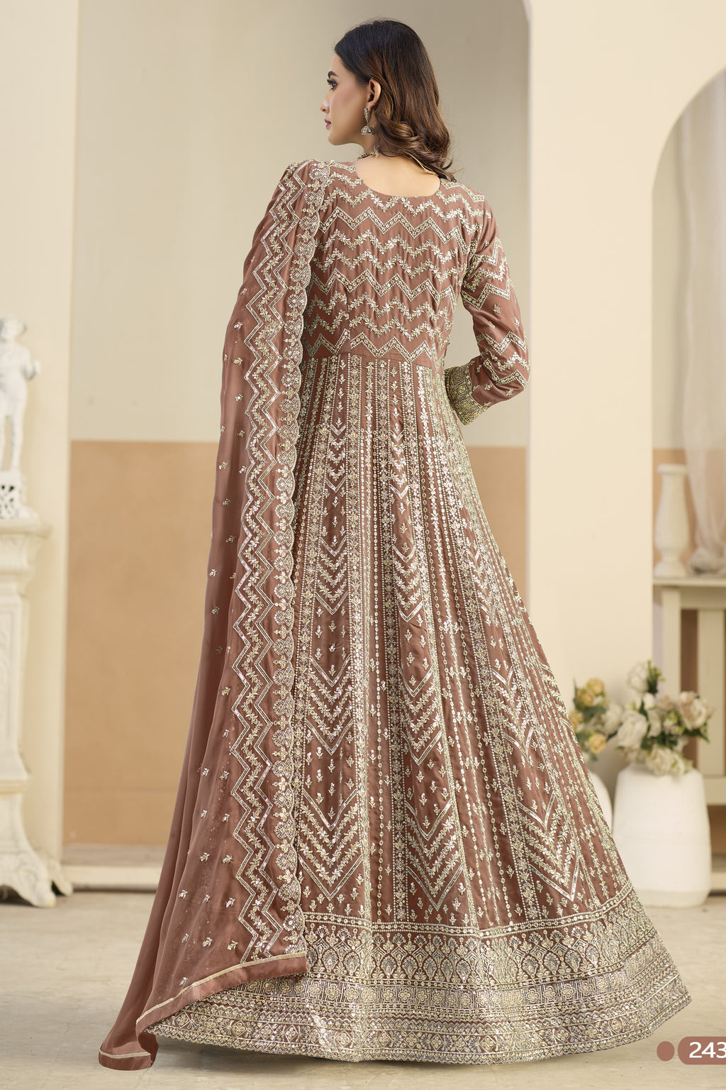 Brown Georgette Anarkali Dress for Wedding with Thread & Sequins Embroidery