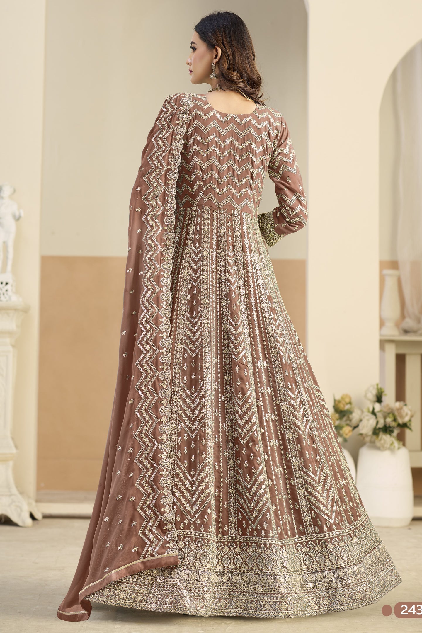 Brown Georgette Anarkali Dress for Wedding with Thread & Sequins Embroidery