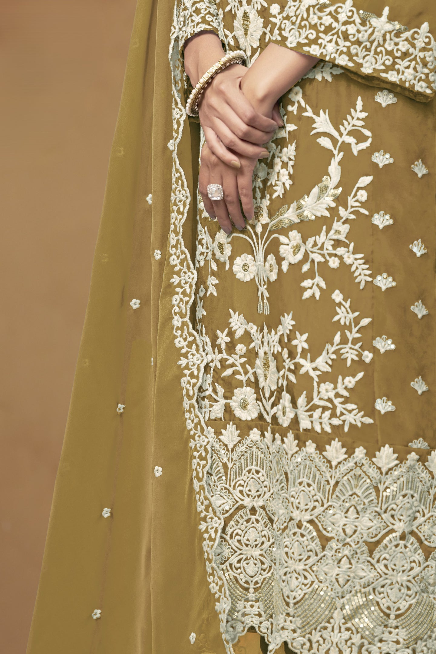 Mustard Organza Embroidered Pant Style Suit with Thread and Sequins