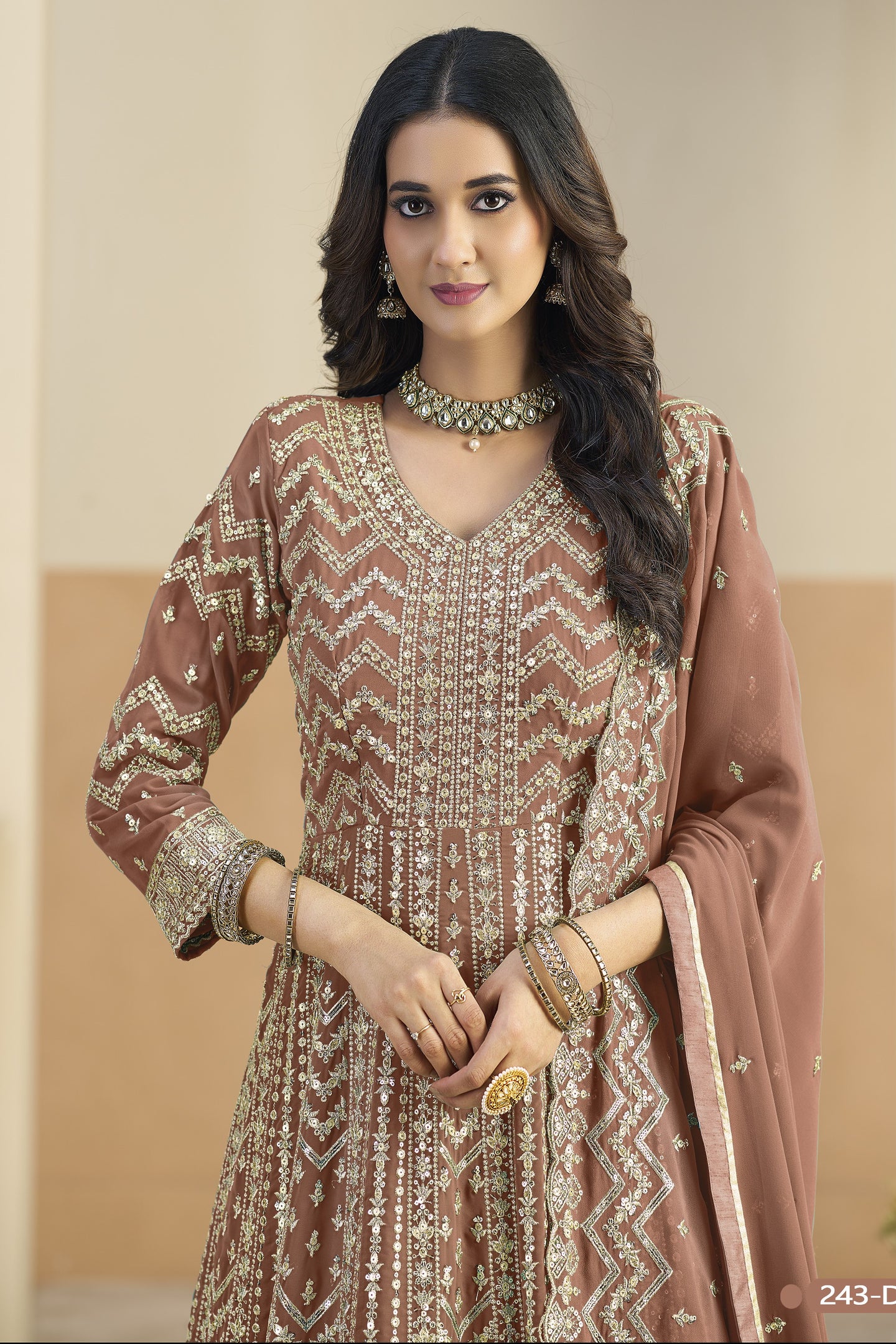 Brown Georgette Anarkali Dress for Wedding with Thread & Sequins Embroidery