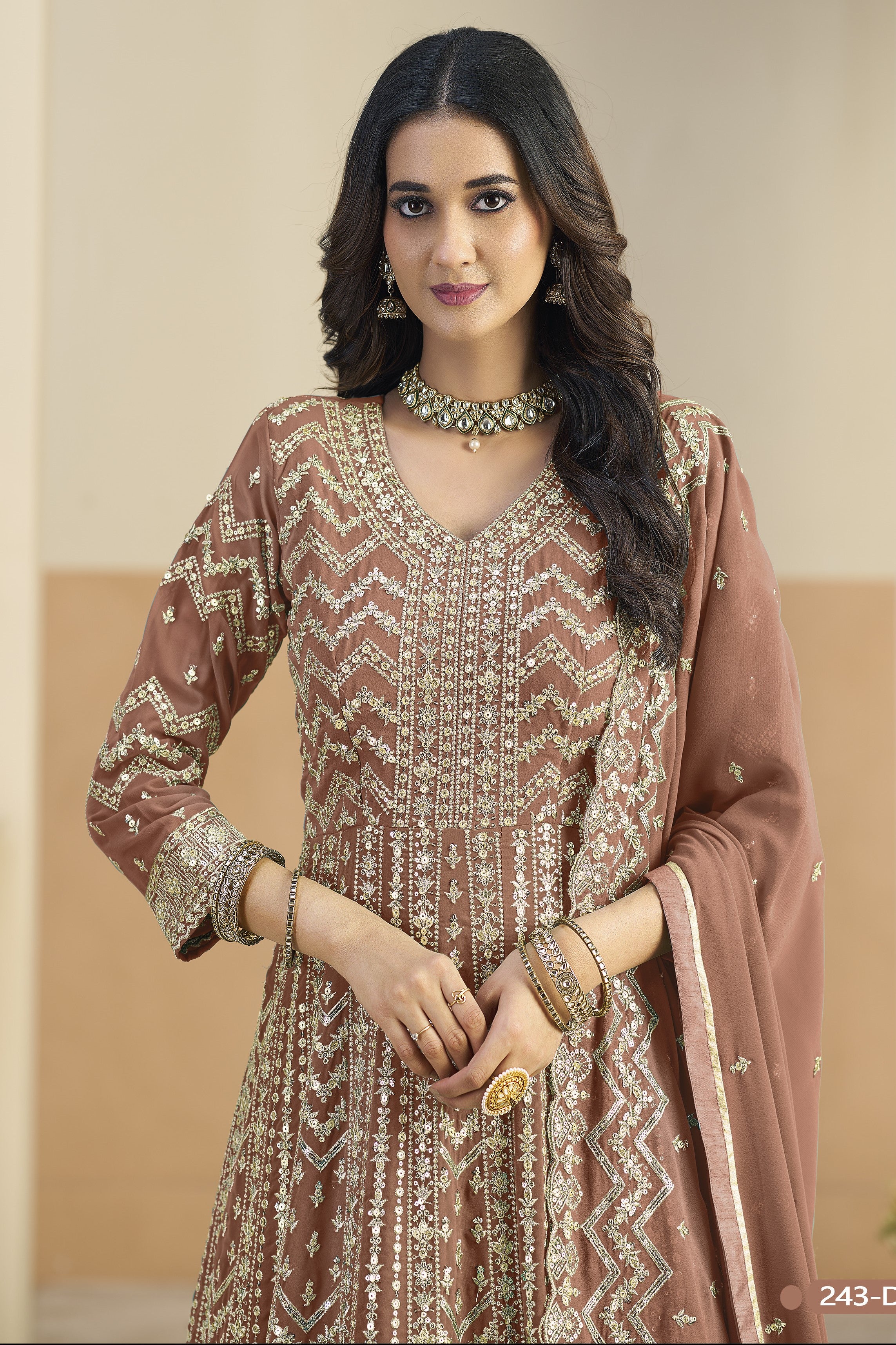 Brown Georgette Anarkali Dress for Wedding with Thread & Sequins Embroidery