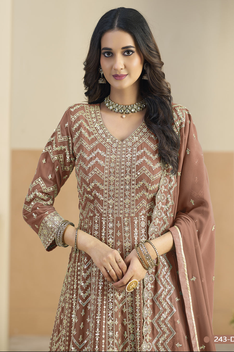 Brown Georgette Anarkali Dress for Wedding with Thread & Sequins Embroidery
