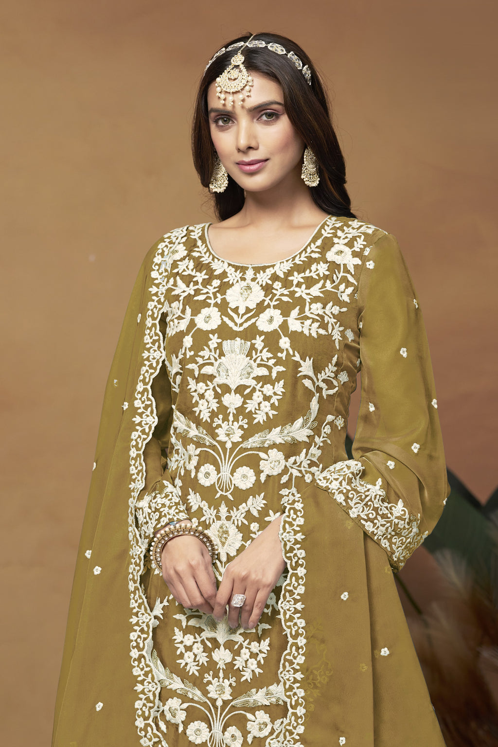 Mustard Organza Embroidered Pant Style Suit with Thread and Sequins