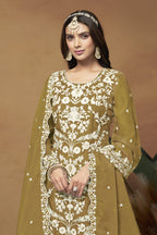 Mustard Organza Embroidered Pant Style Suit with Thread and Sequins
