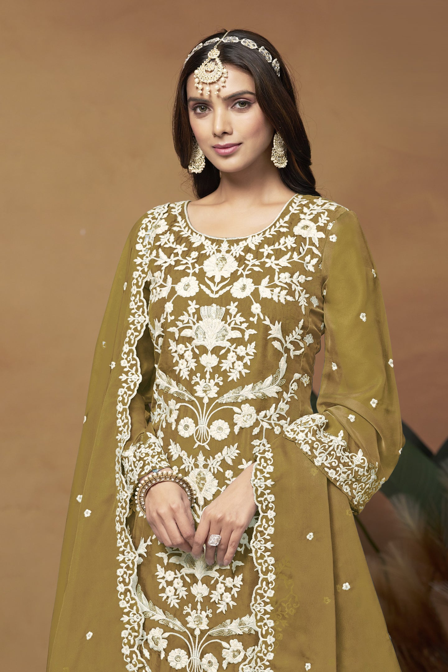 Mustard Organza Embroidered Pant Style Suit with Thread and Sequins