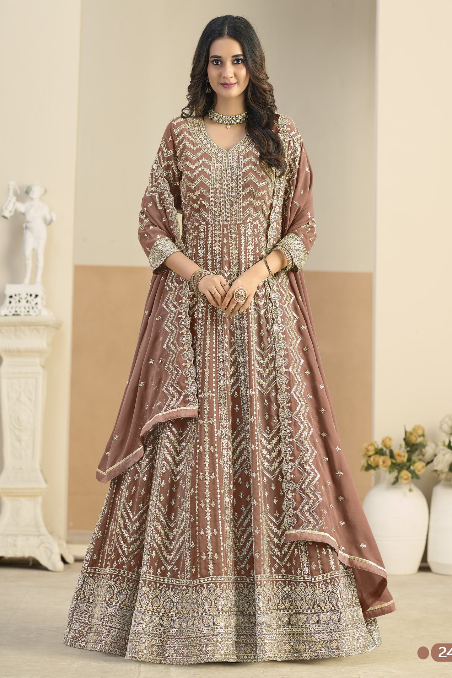 Brown Georgette Anarkali Dress for Wedding with Thread & Sequins Embroidery