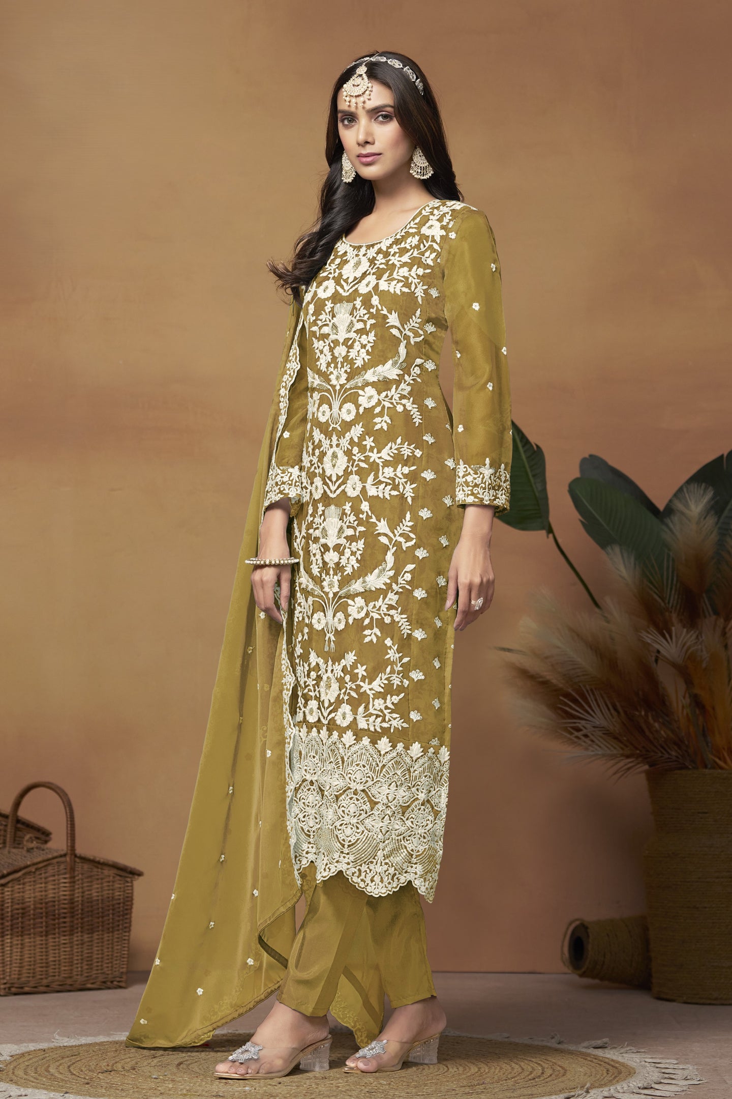 Mustard Organza Embroidered Pant Style Suit with Thread and Sequins