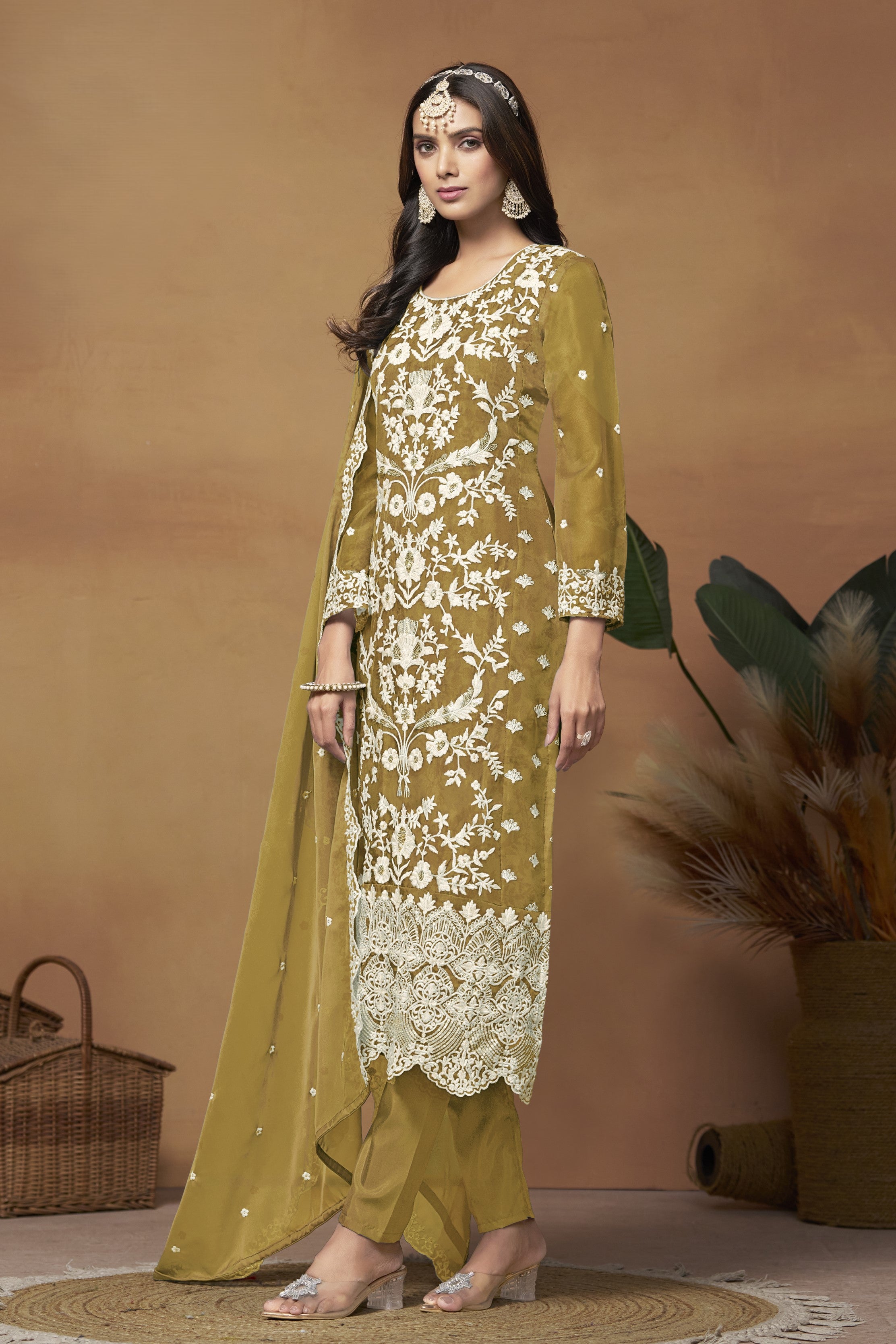 Mustard Organza Embroidered Pant Style Suit with Thread and Sequins