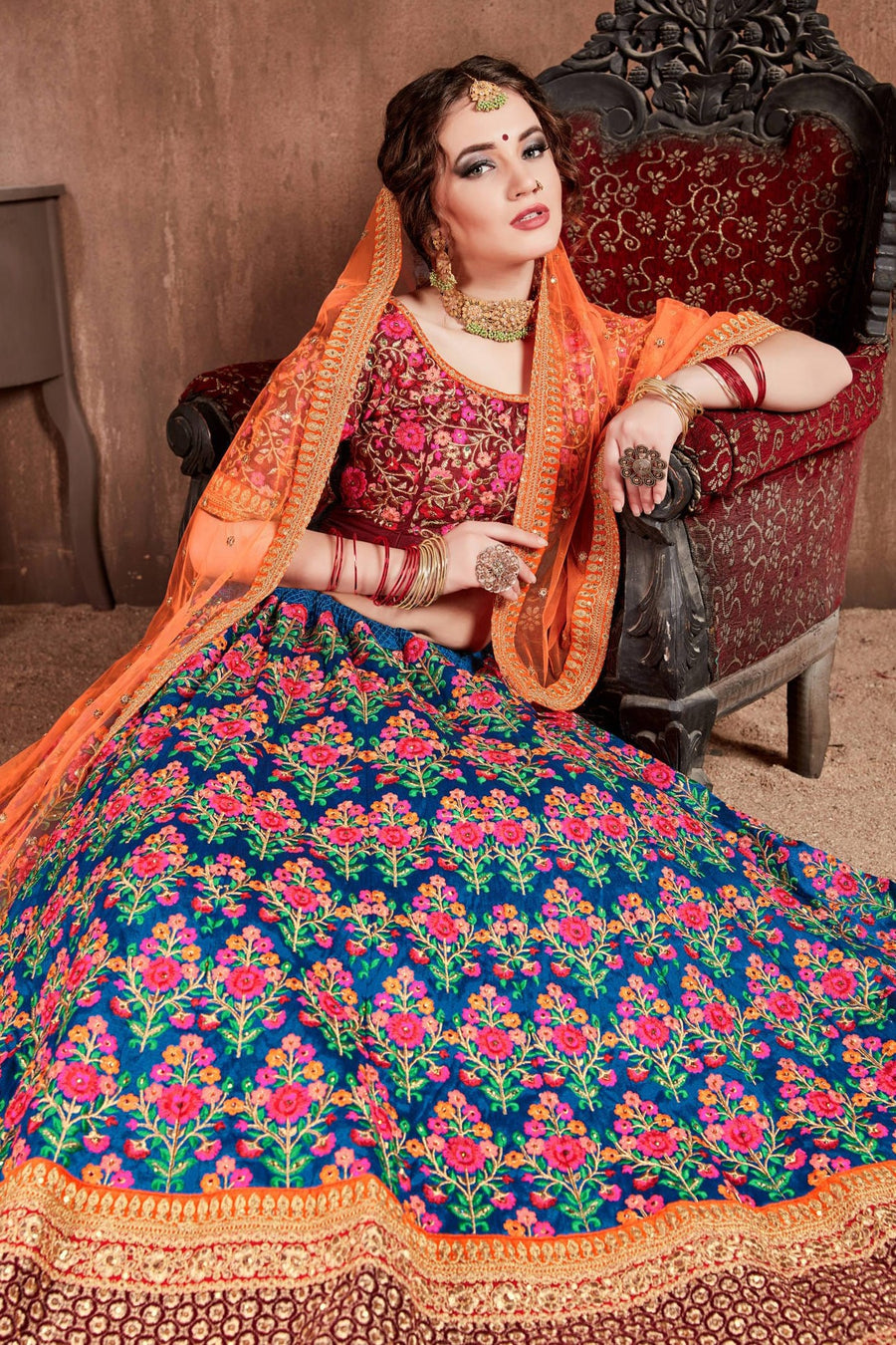 Rama Mulberry Silk Chaniya Choli with Dori and Zari Work