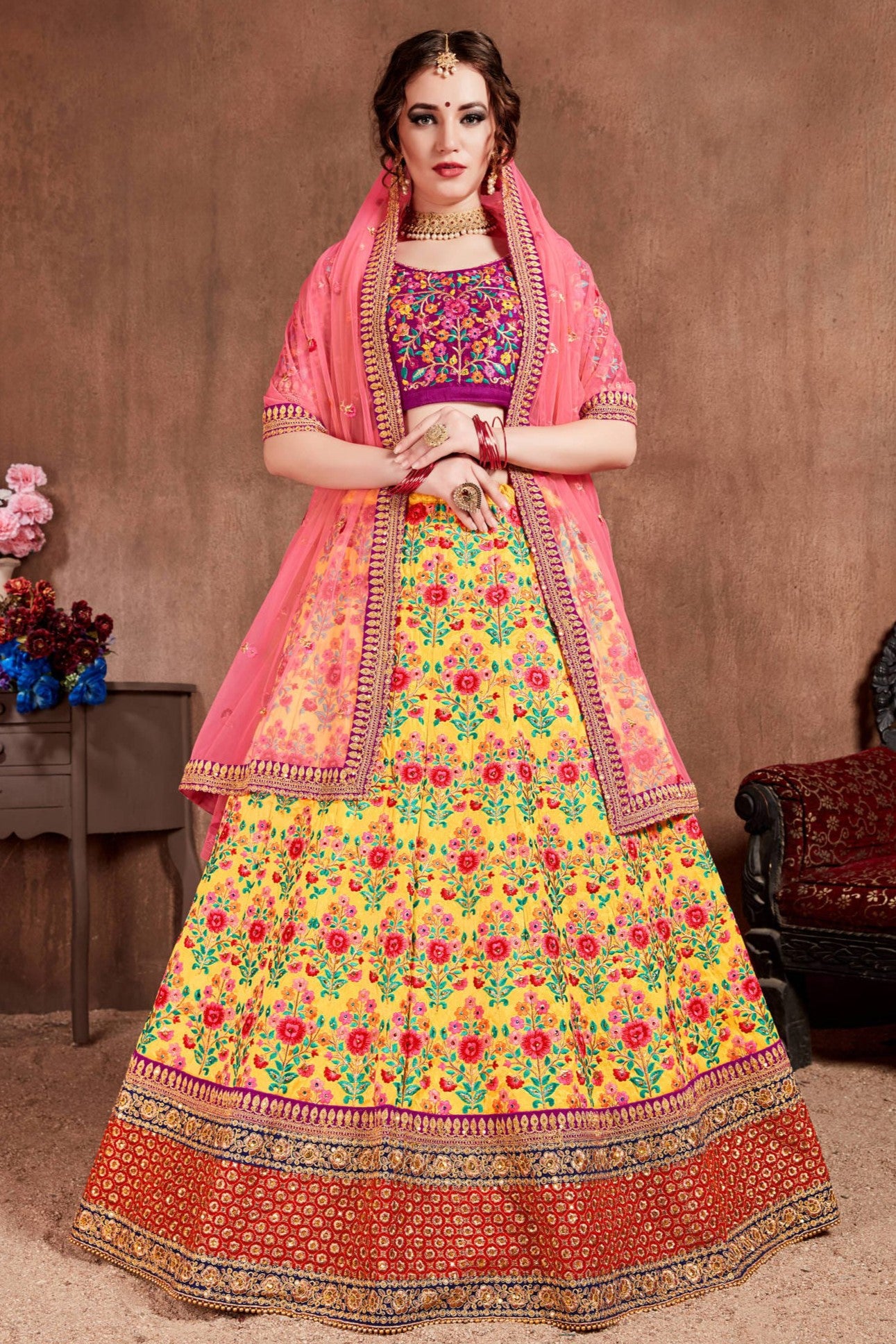 Yellow Mulberry Silk Ghagra Choli with Zari and Dori Work