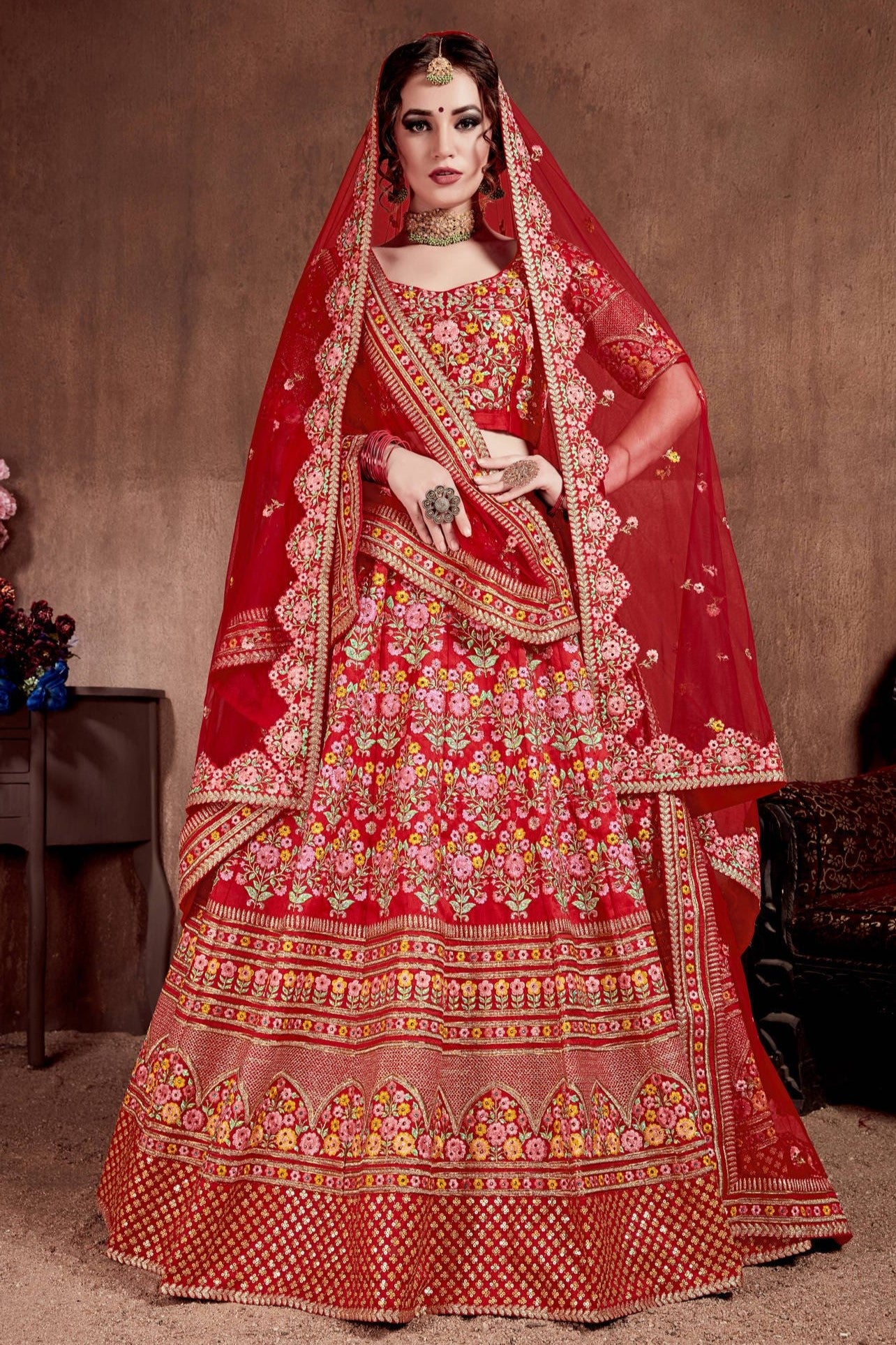 Red Mulberry Silk Lehenga for Women with Dori and Zari Work
