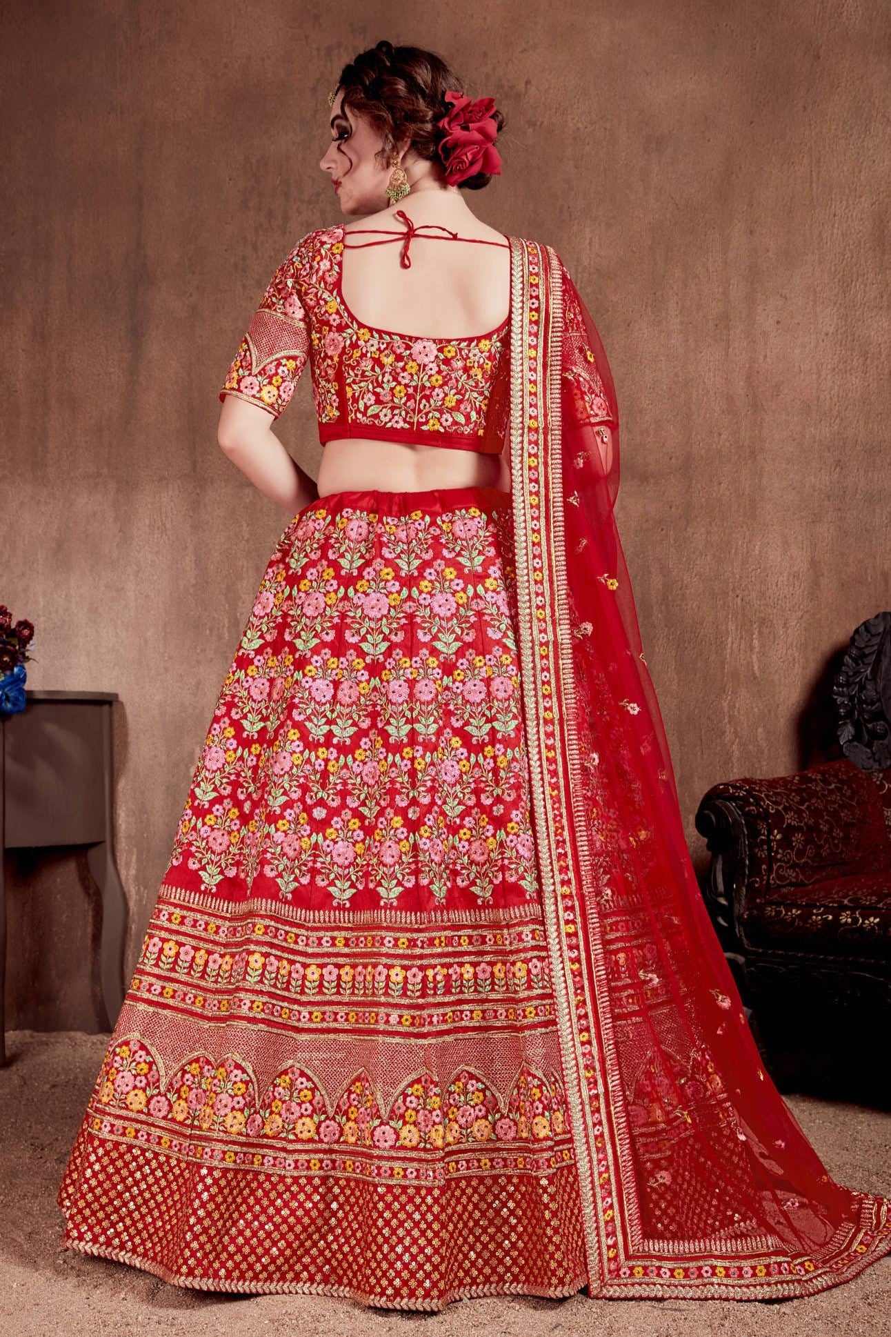 Red Mulberry Silk Lehenga for Women with Dori and Zari Work