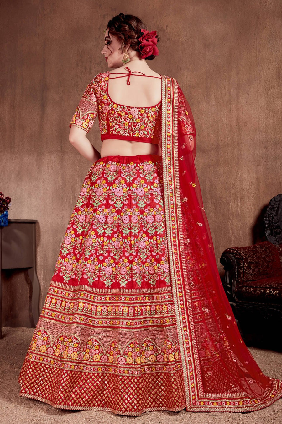 Red Mulberry Silk Lehenga for Women with Dori and Zari Work