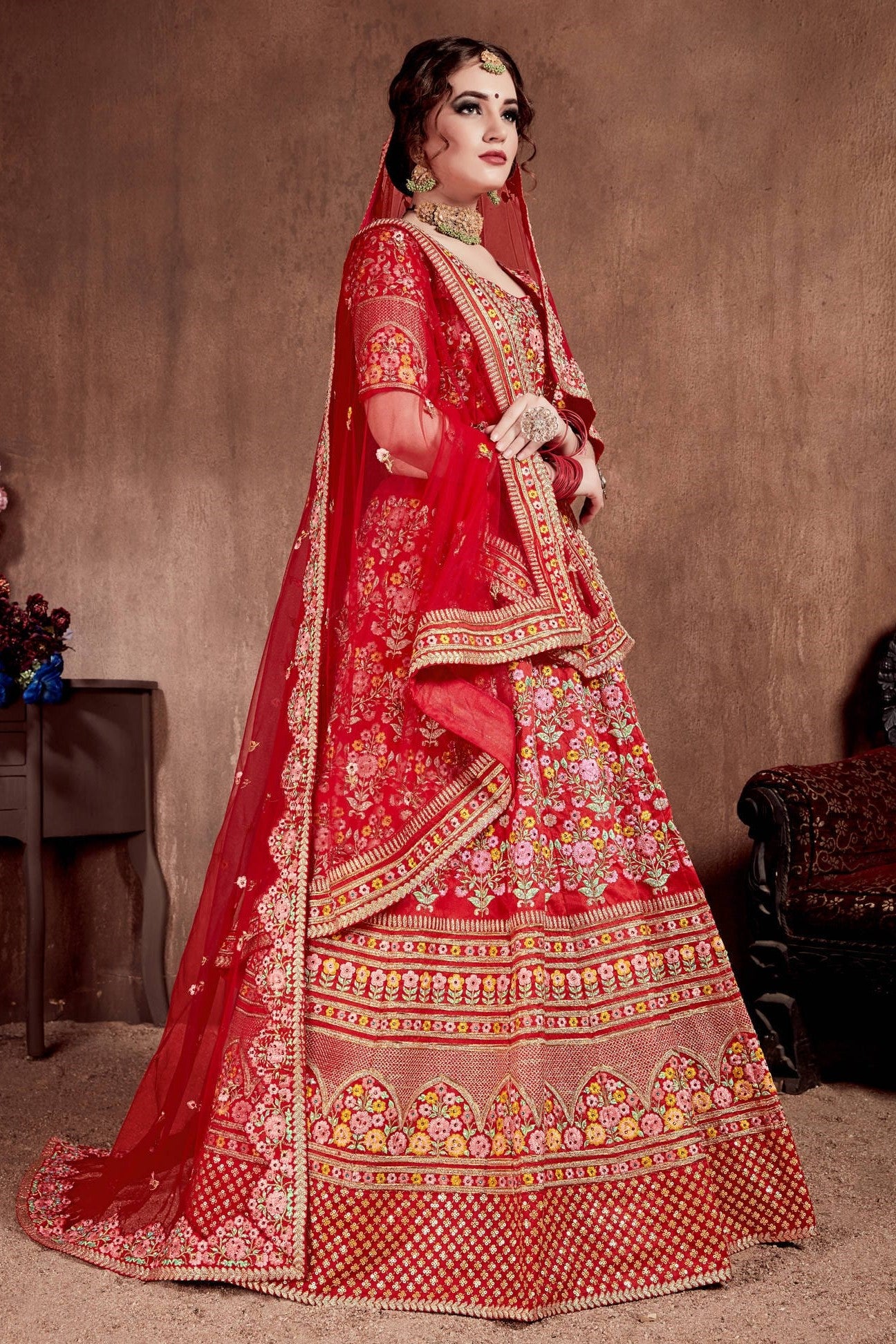 Red Mulberry Silk Lehenga for Women with Dori and Zari Work