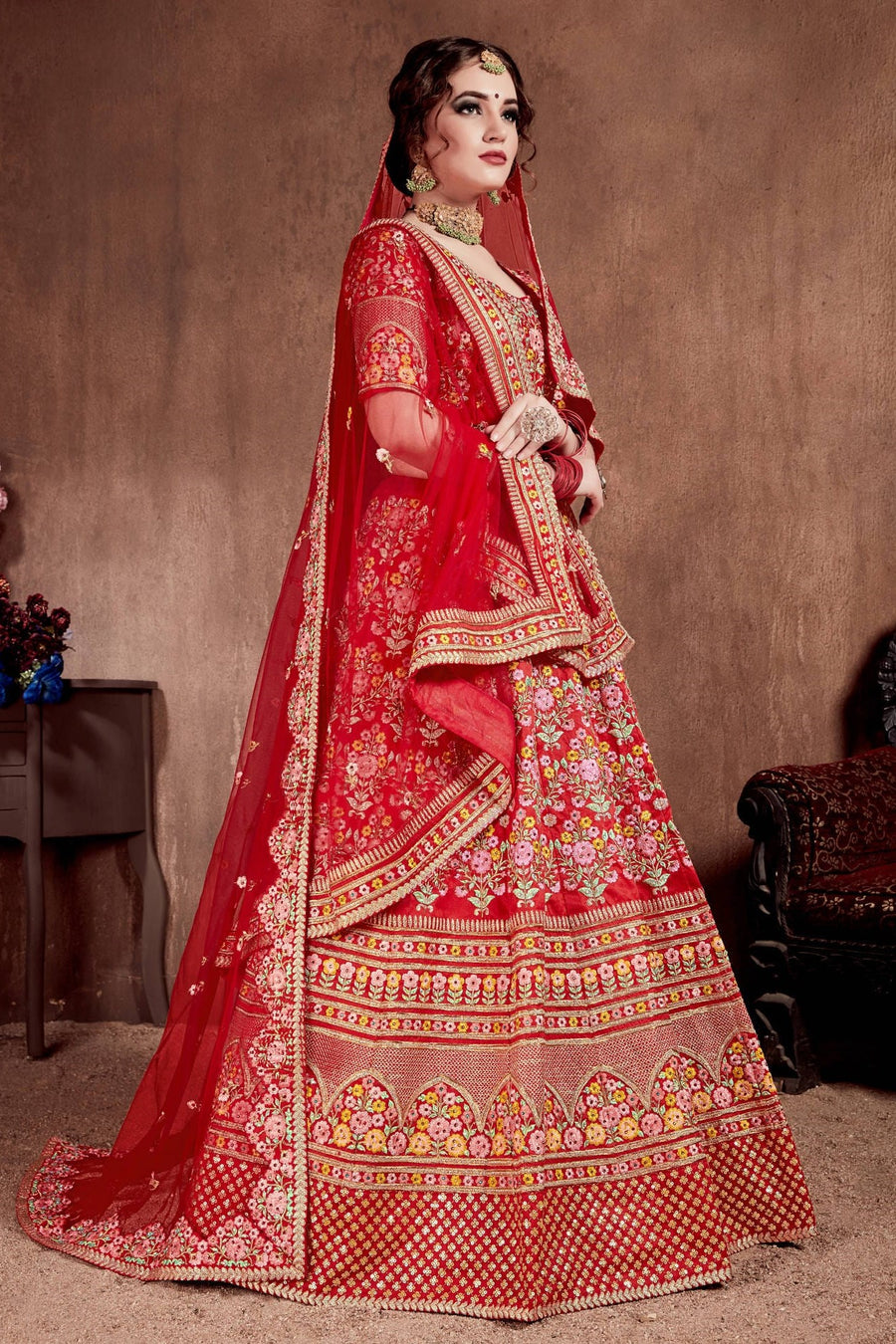 Red Mulberry Silk Lehenga for Women with Dori and Zari Work