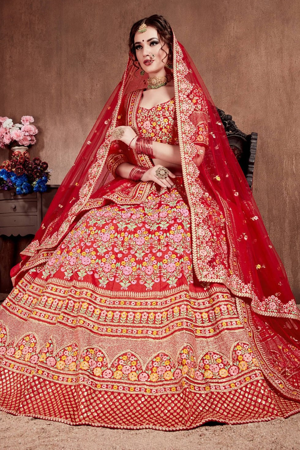Red Mulberry Silk Lehenga for Women with Dori and Zari Work