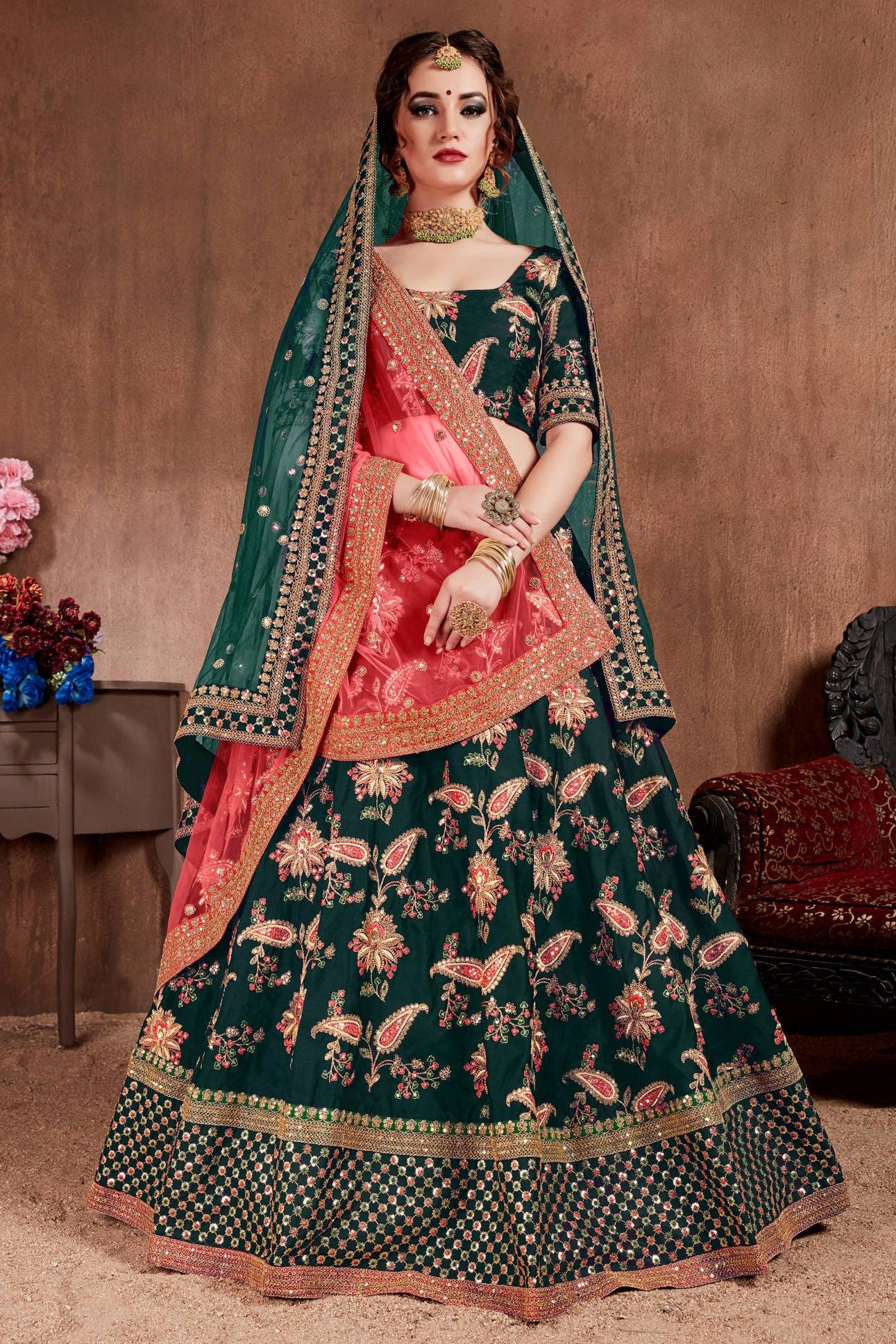 Bottle Green Taffeta Silk Lehenga for Wedding with Zari and Dori Work