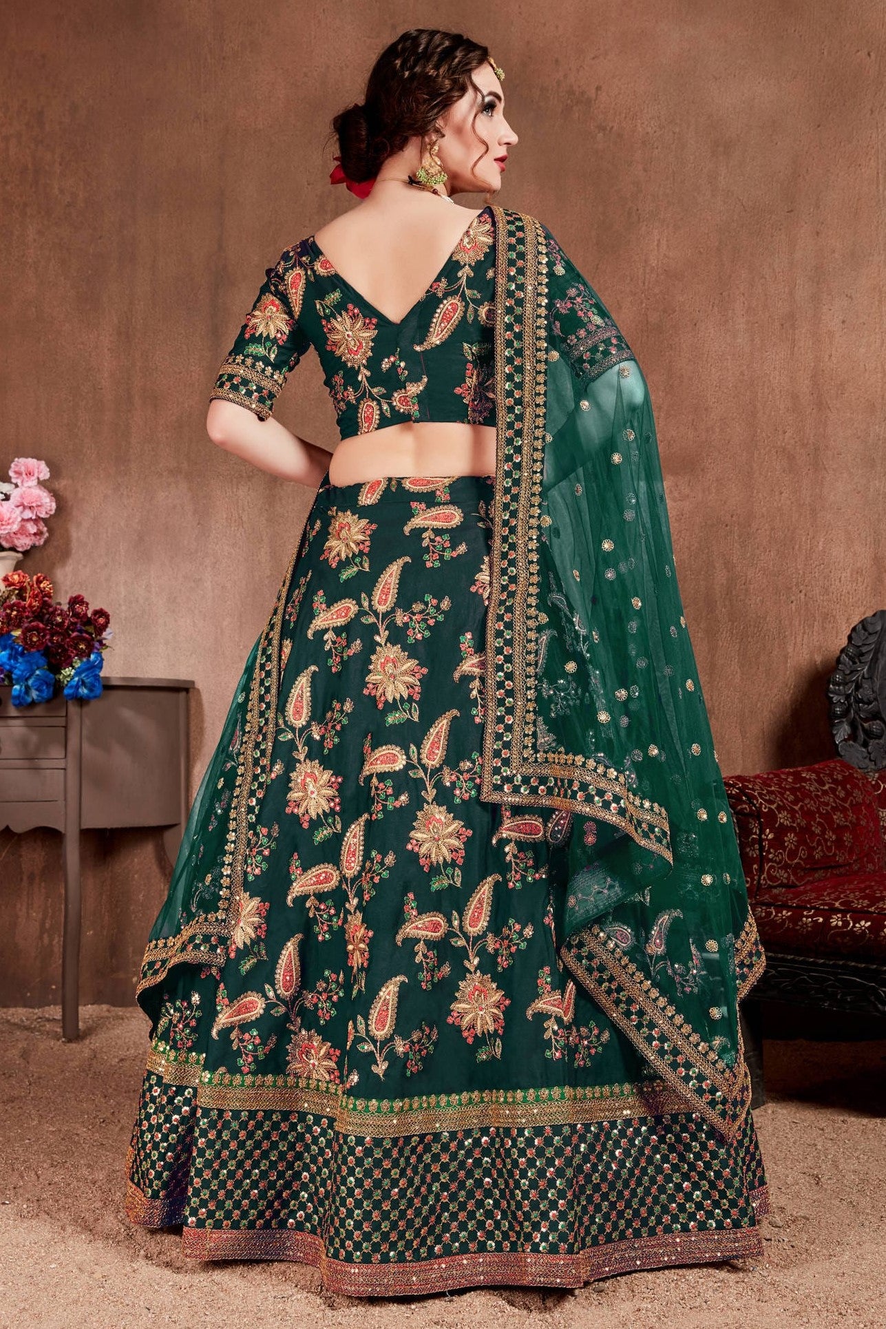 Bottle Green Taffeta Silk Lehenga for Wedding with Zari and Dori Work