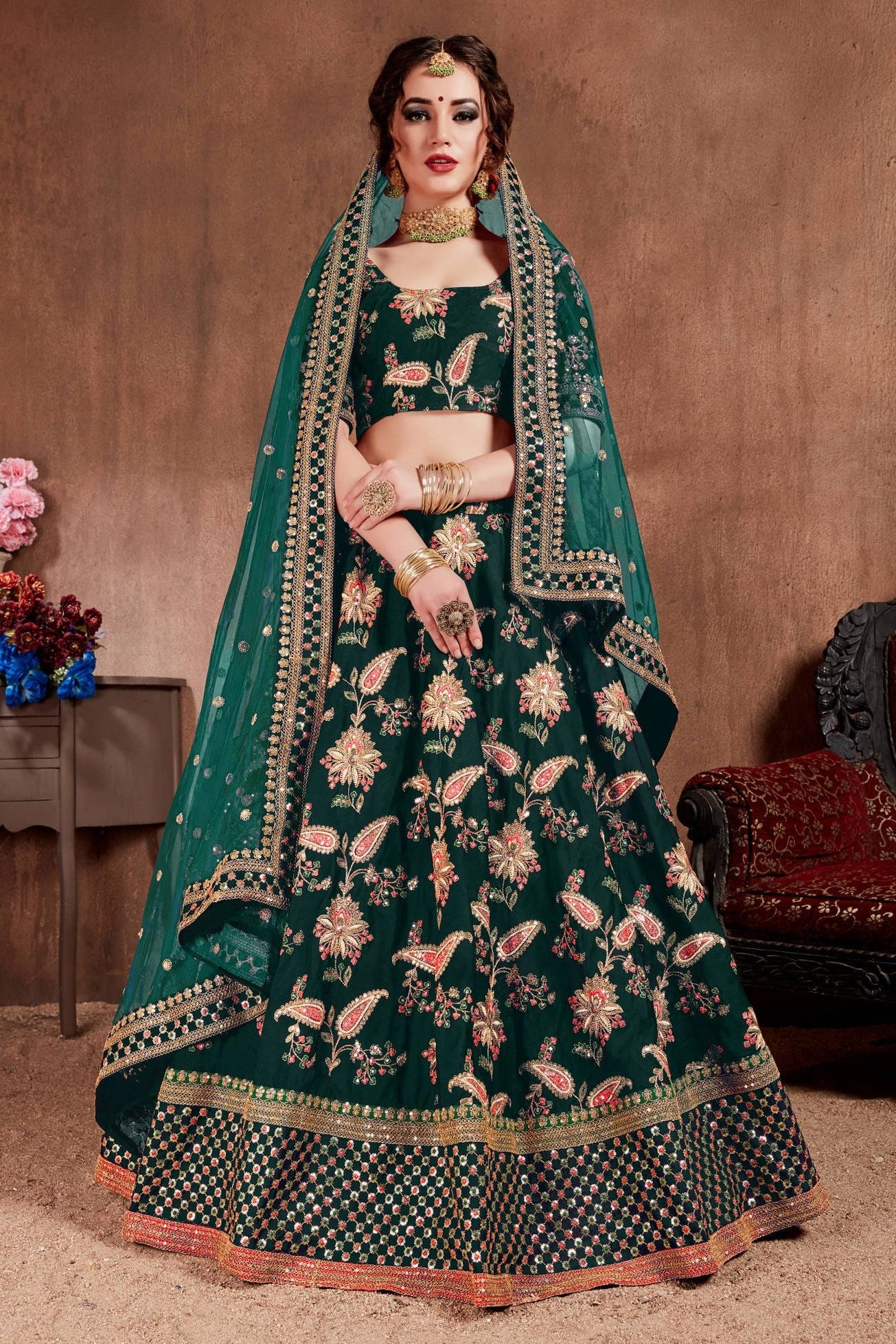 Bottle Green Taffeta Silk Lehenga for Wedding with Zari and Dori Work