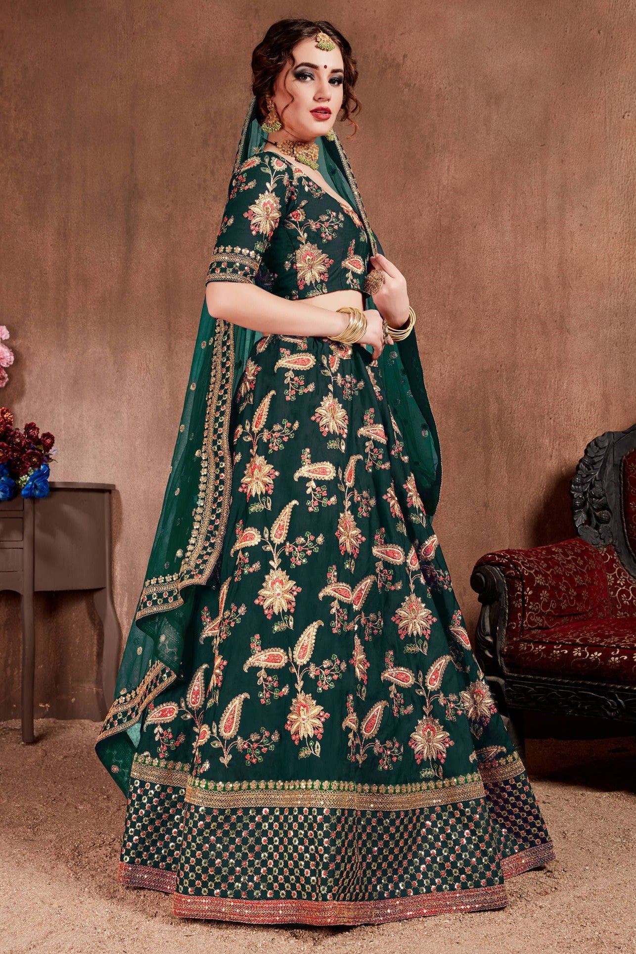 Bottle Green Taffeta Silk Lehenga for Wedding with Zari and Dori Work