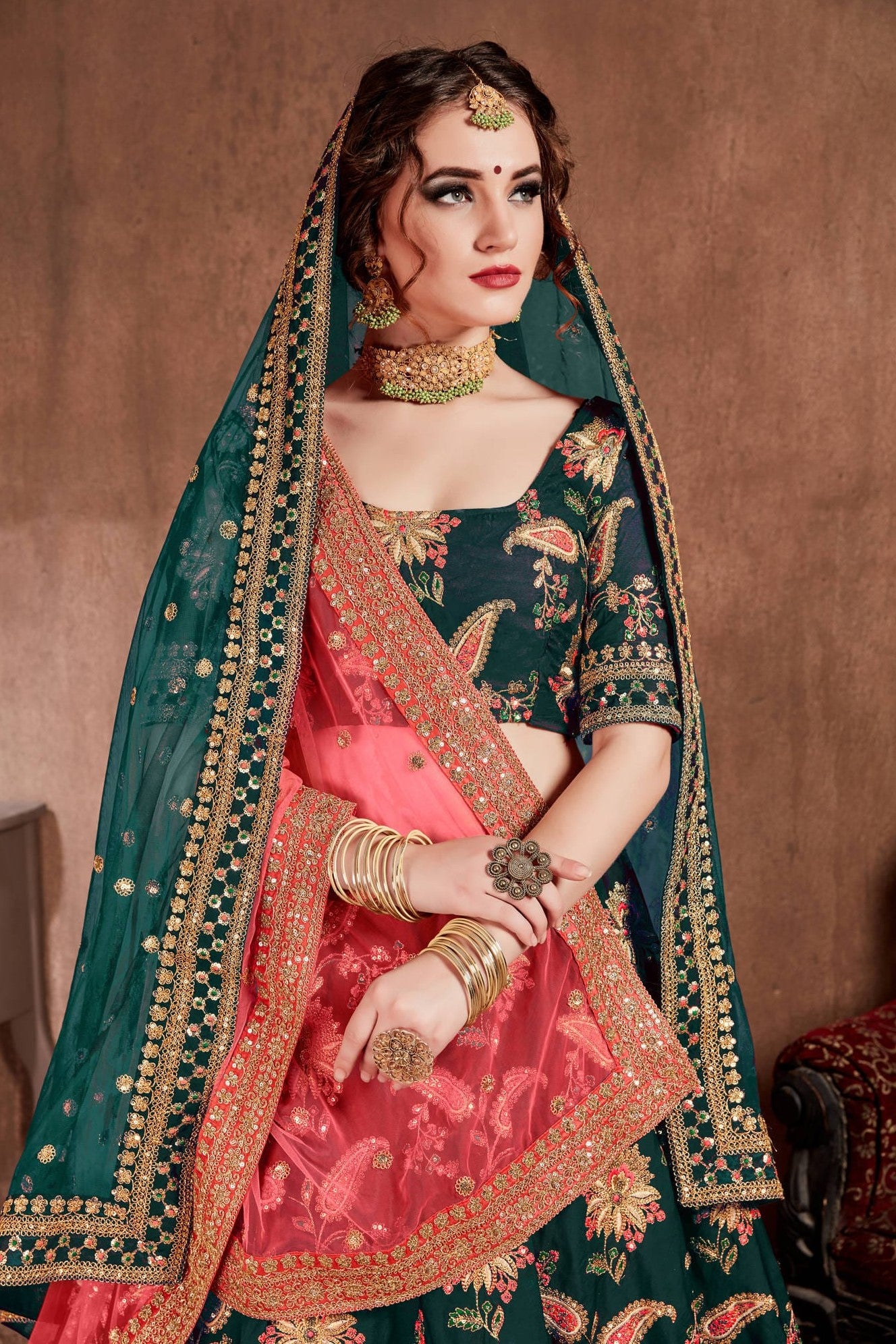 Bottle Green Taffeta Silk Lehenga for Wedding with Zari and Dori Work