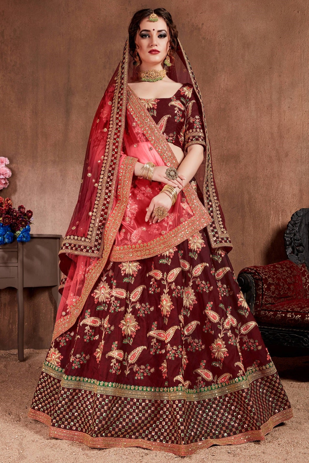 Maroon Taffeta Silk Lehenga for Wedding with Zari Work