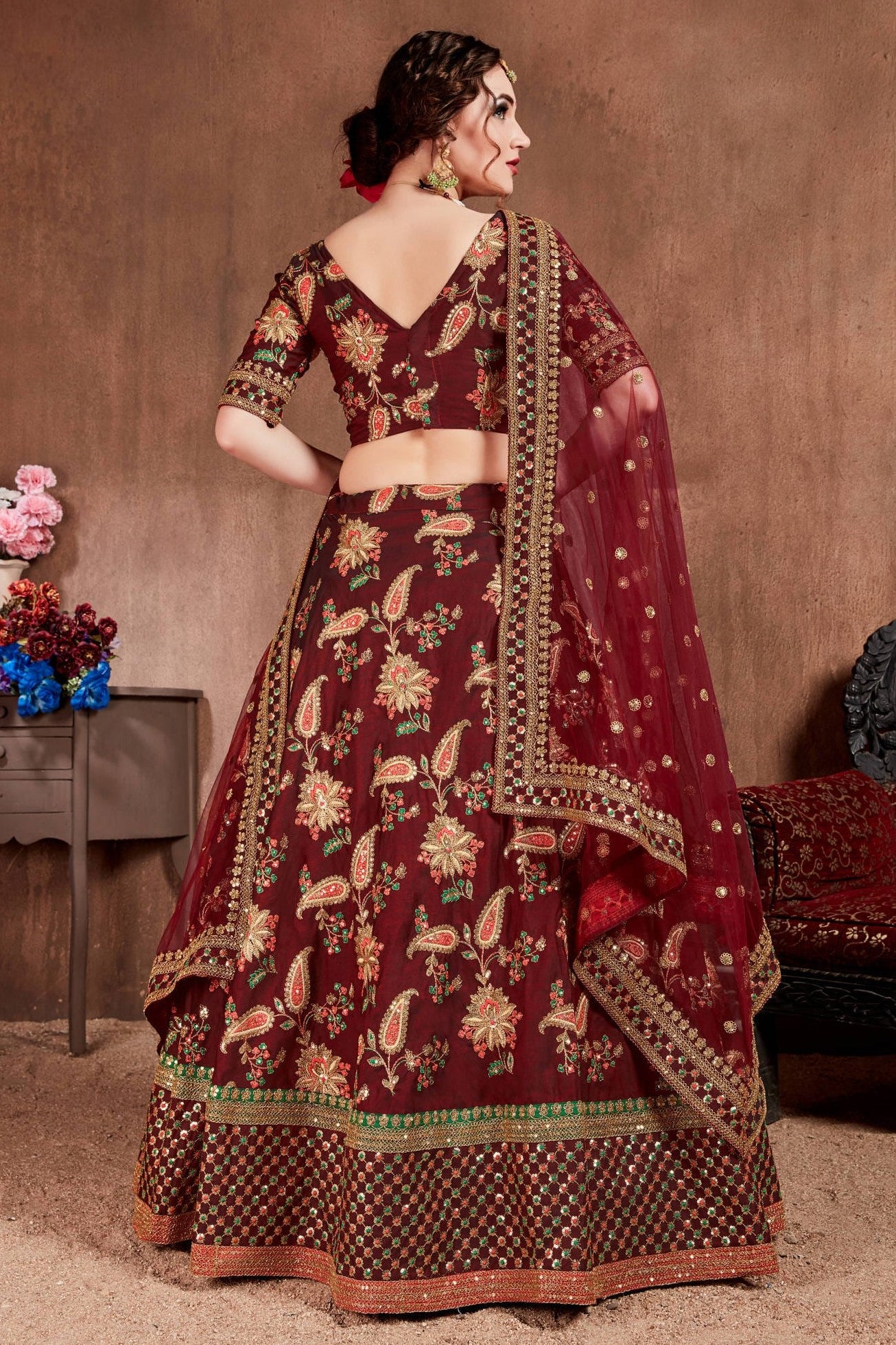 Maroon Taffeta Silk Lehenga for Wedding with Zari Work