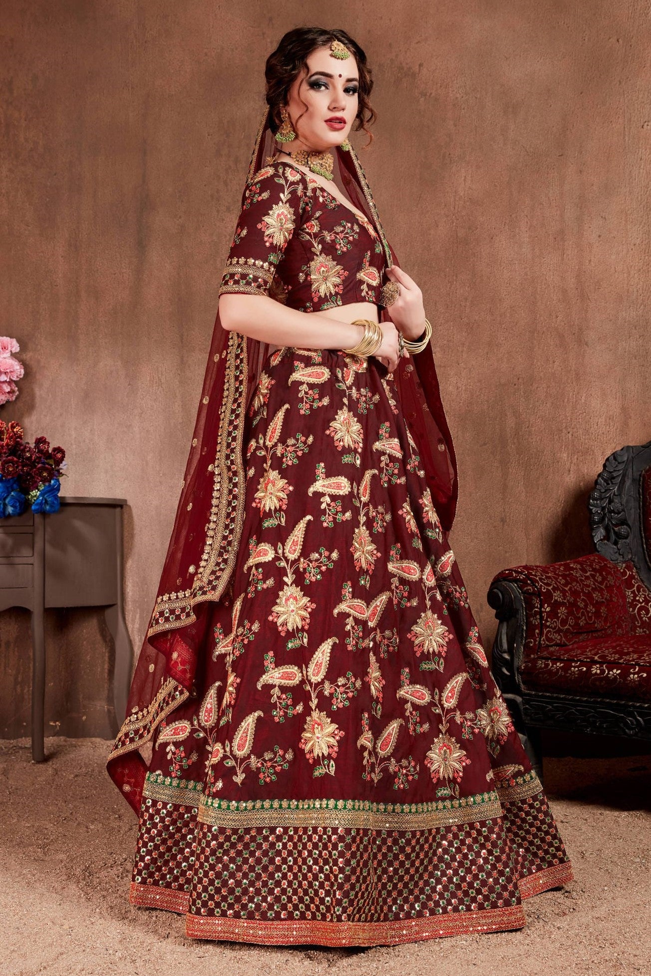 Maroon Taffeta Silk Lehenga for Wedding with Zari Work