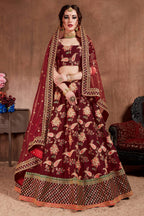 Maroon Taffeta Silk Lehenga for Wedding with Zari Work