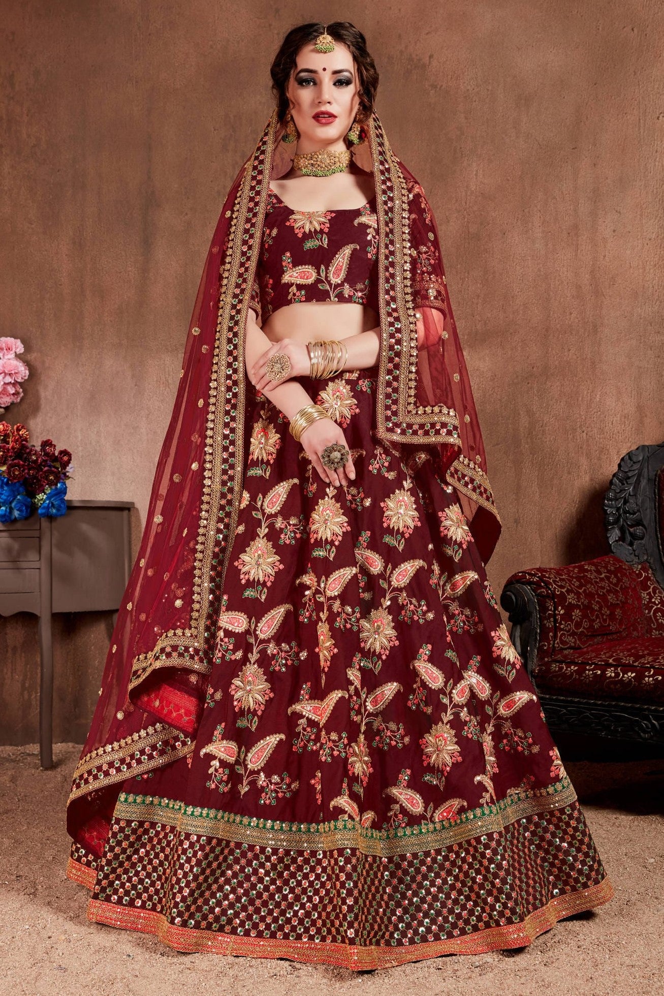 Maroon Taffeta Silk Lehenga for Wedding with Zari Work