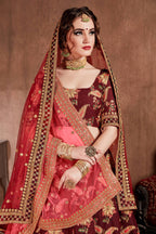 Maroon Taffeta Silk Lehenga for Wedding with Zari Work
