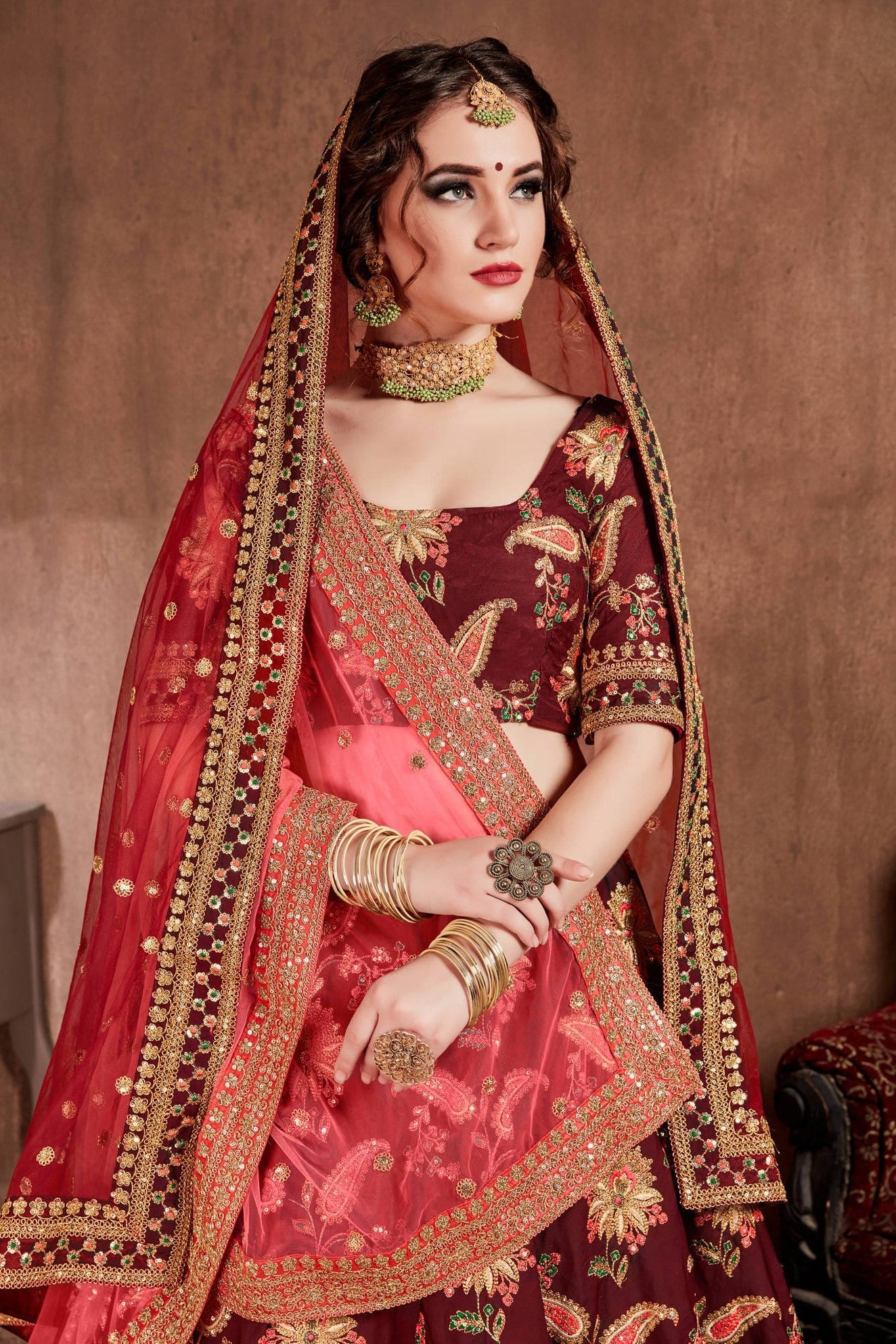 Maroon Taffeta Silk Lehenga for Wedding with Zari Work