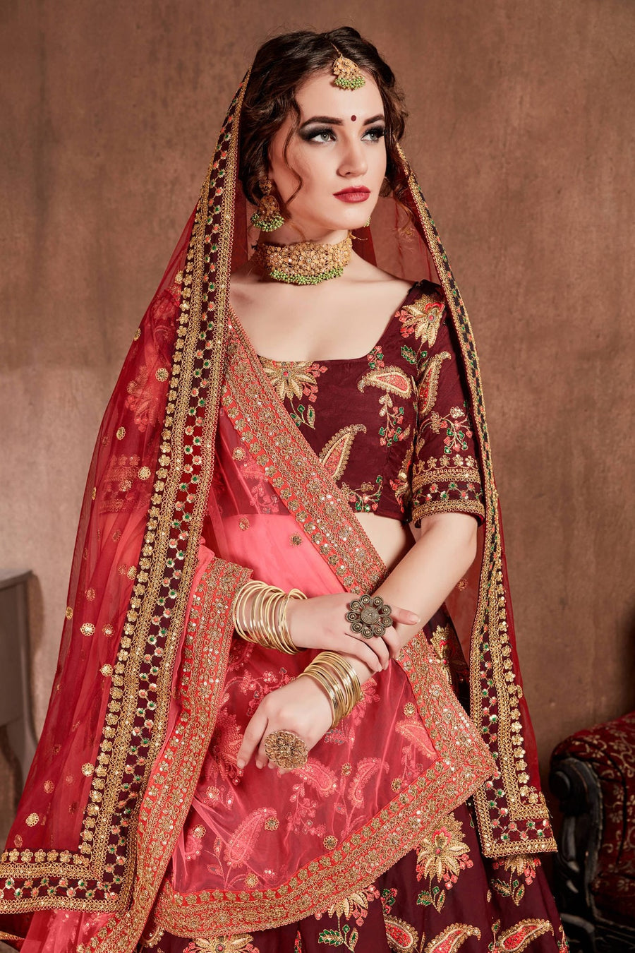 Maroon Taffeta Silk Lehenga for Wedding with Zari Work