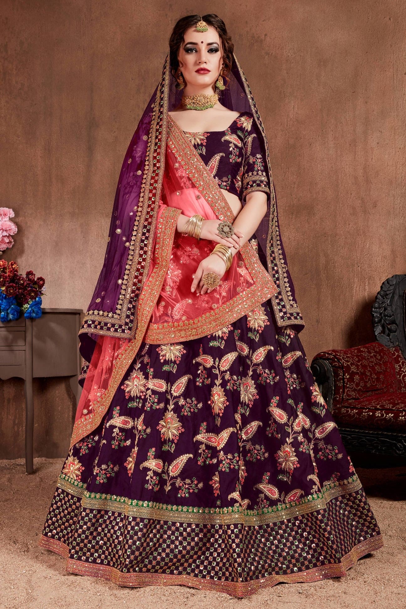 Plum Taffeta Silk Lehenga for Wedding with Zari and Dori Work