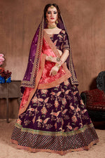 Plum Taffeta Silk Lehenga for Wedding - Sequin Thread & Dori Work