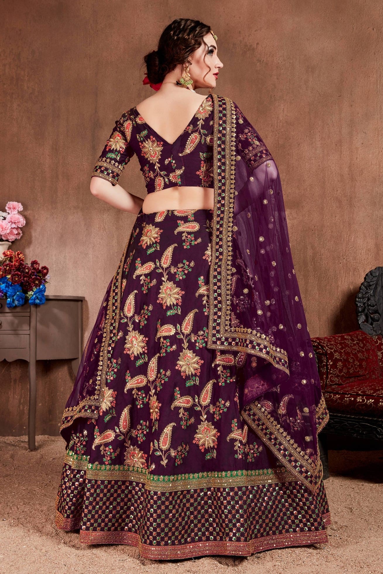 Plum Taffeta Silk Lehenga for Wedding with Zari and Dori Work