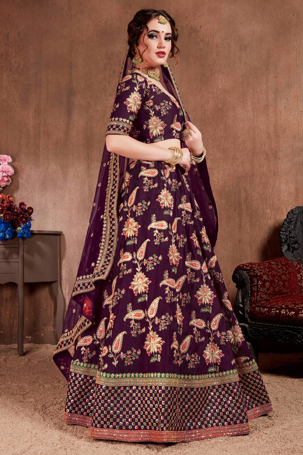 Plum Taffeta Silk Lehenga for Wedding with Zari and Dori Work