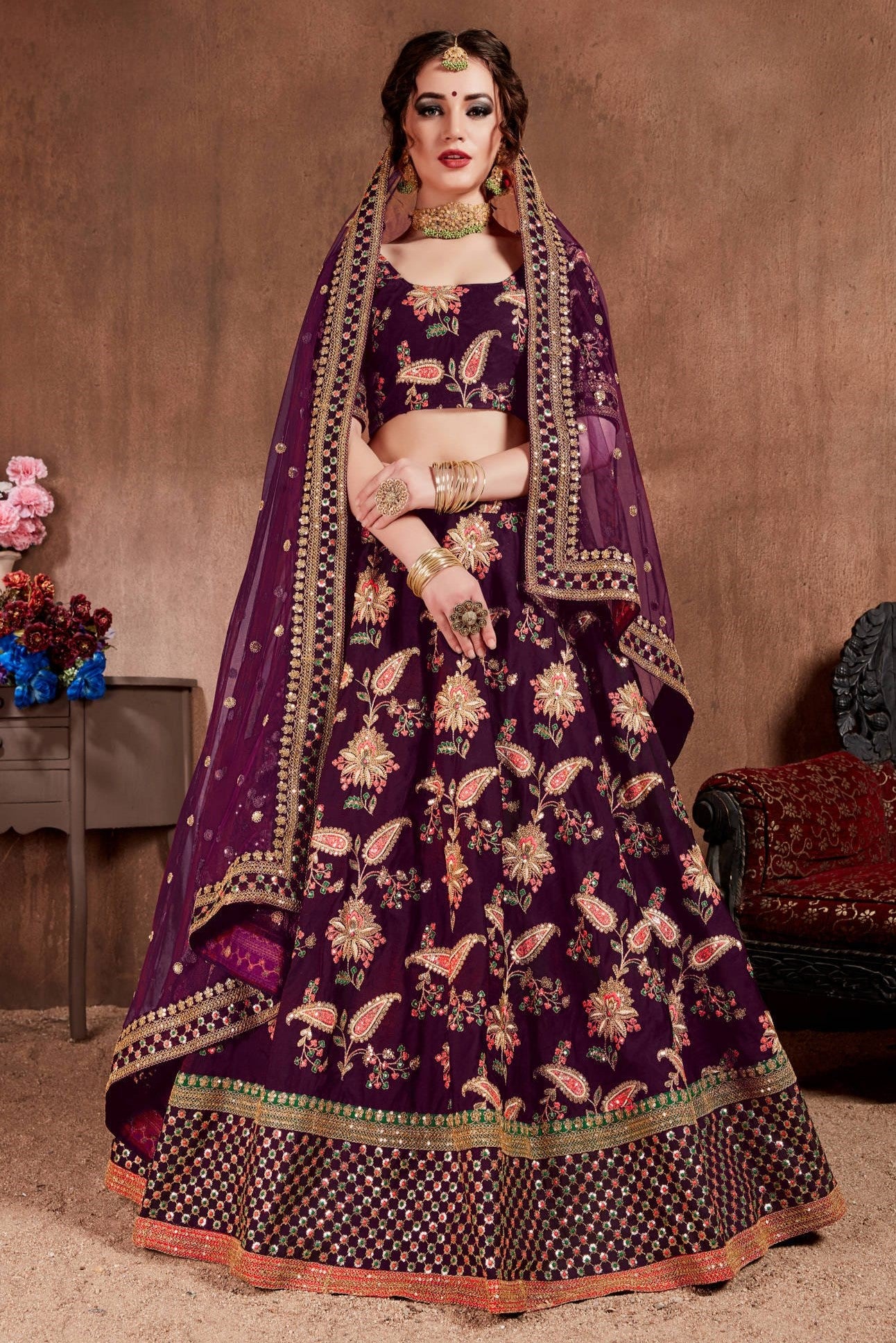 Plum Taffeta Silk Lehenga for Wedding with Zari and Dori Work